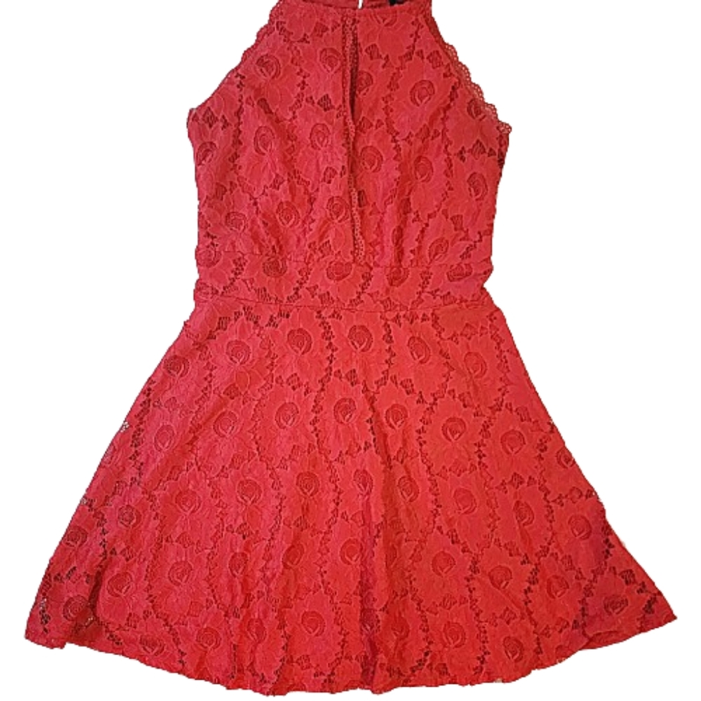 Womens M Material Girl Coral Red Lace Embroidered Sleeveless Coquette Mini Dress